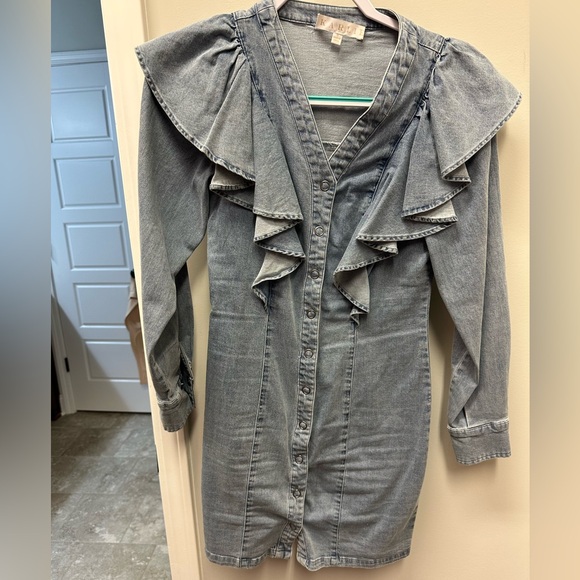 Denim Ruffle Mini Dress - Picture 1 of 3